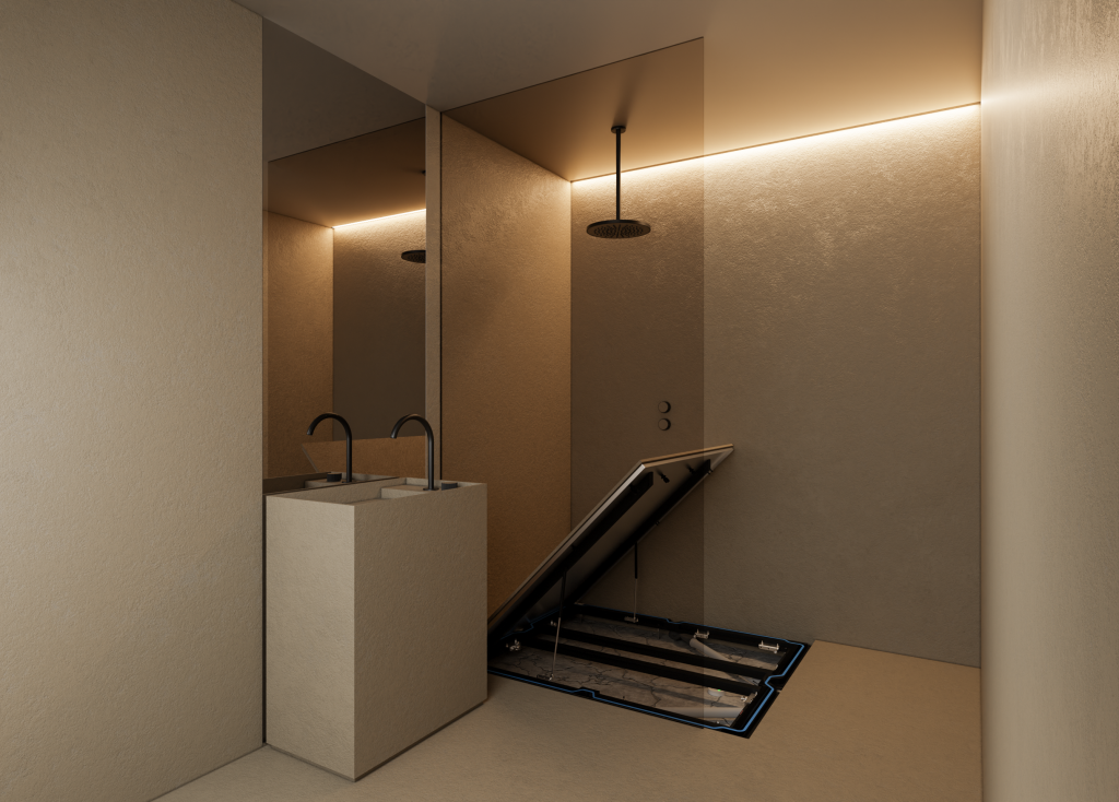 Fugenloses Badezimmer mit bodengleicher Dusche
